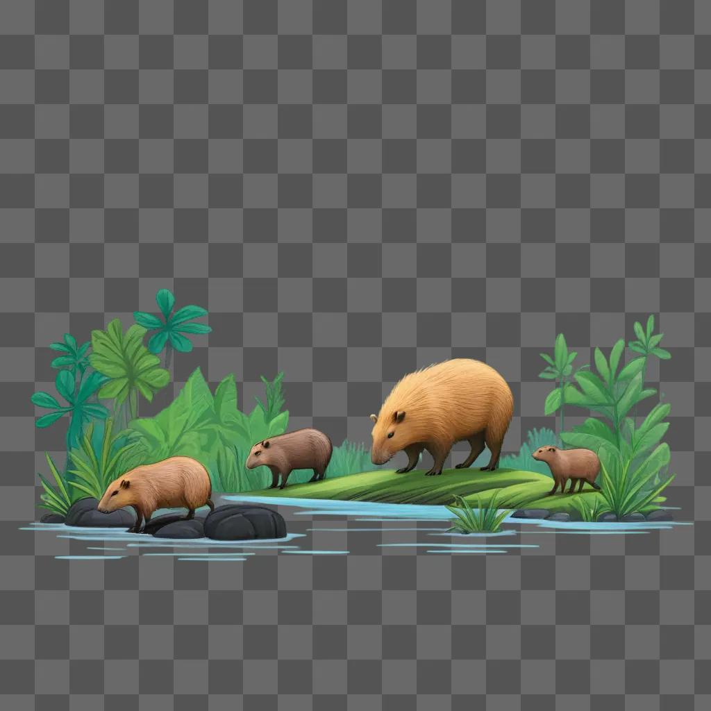 Capybara drawing on a watery green background