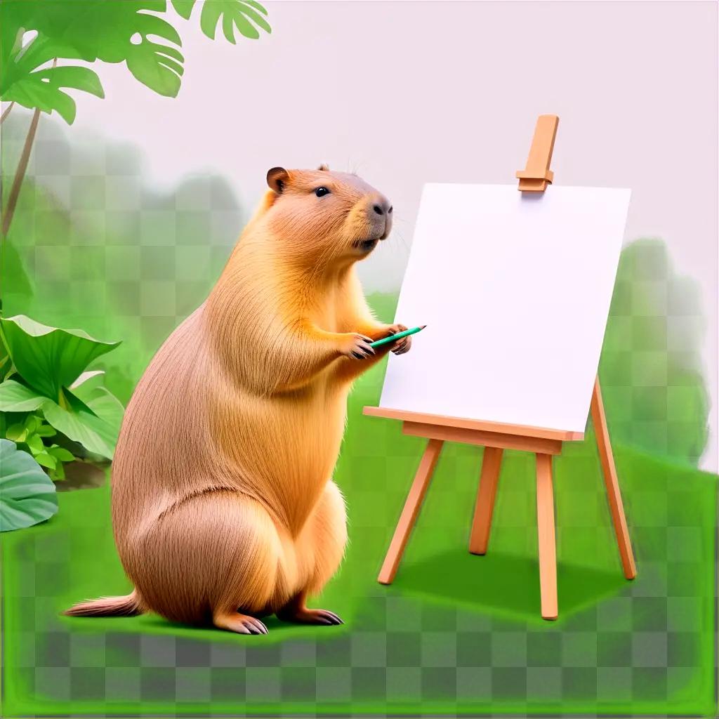 Capybara draws a picture on a canvas