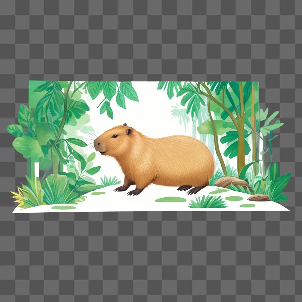 Capybara in a jungle setting with lush greenery