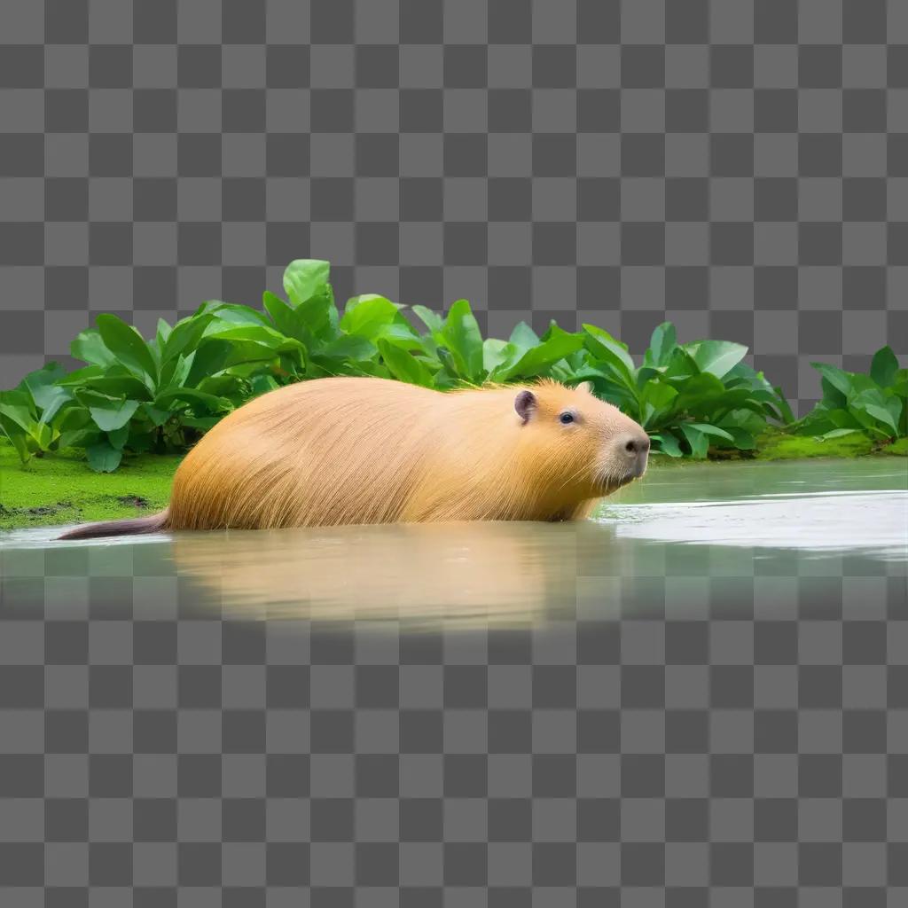 Capybara with a transparent reflection in the water