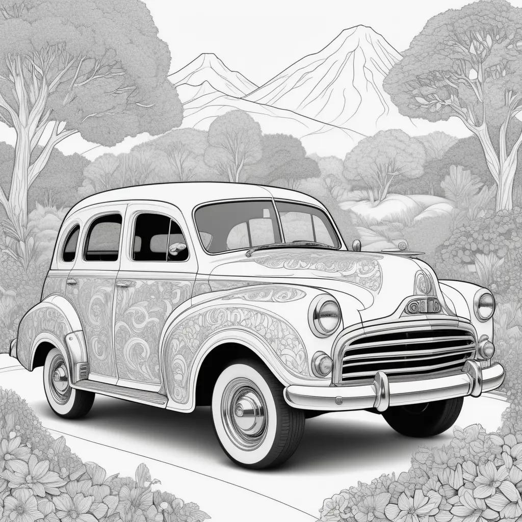 Car coloring pages show a vintage car in black and white