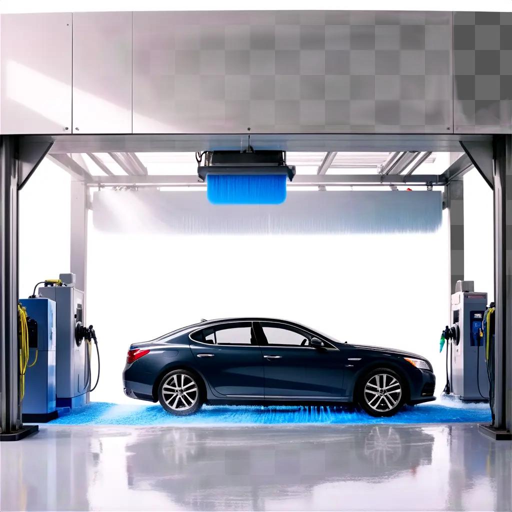 Car washing station with blue sprayer and blue floor