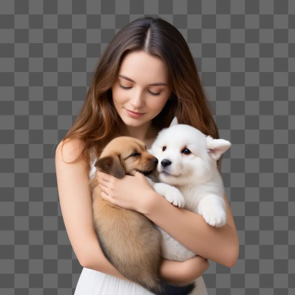 Caring woman holds puppies in her arms