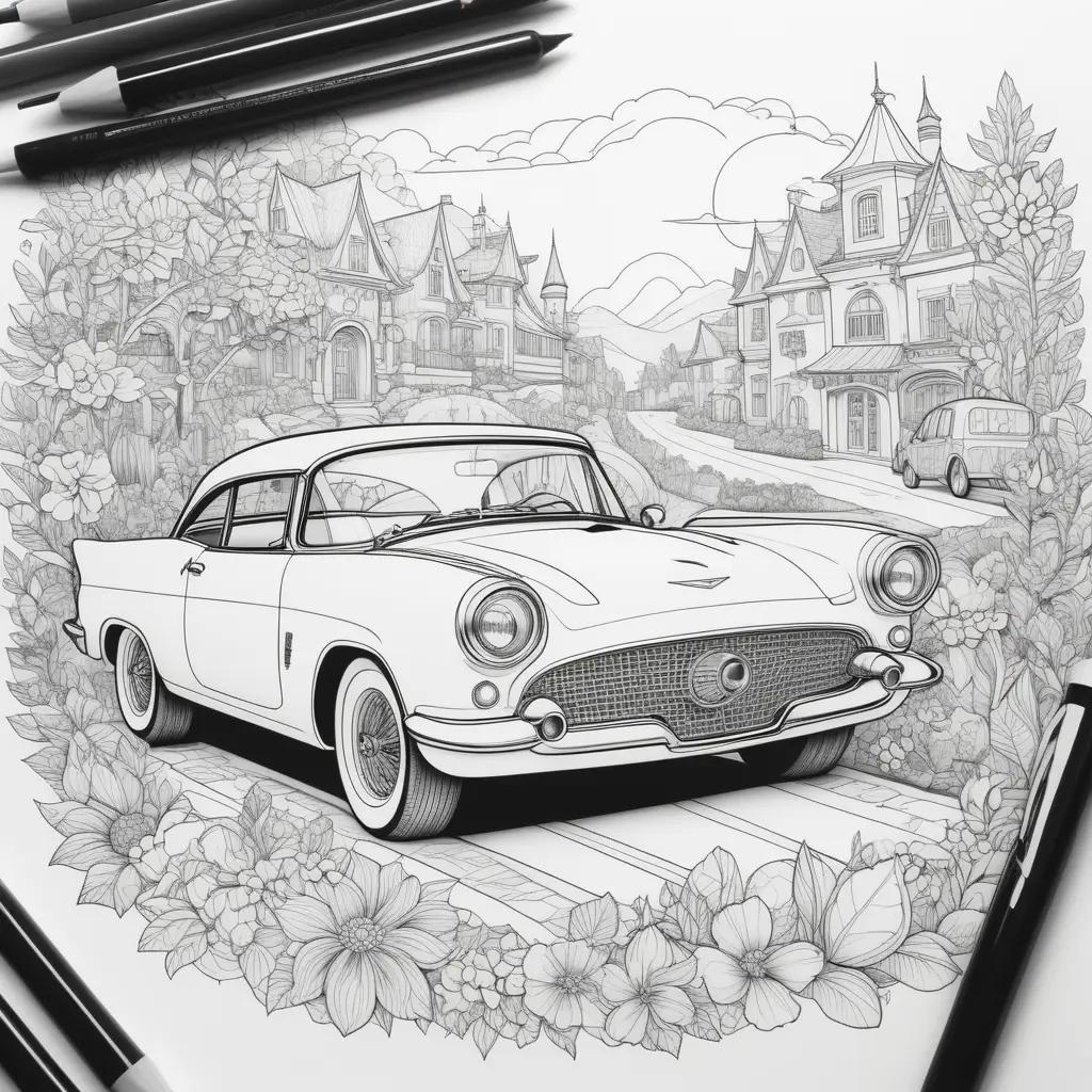 Cars Coloring Page: A drawing of a car with a flower wreath around it