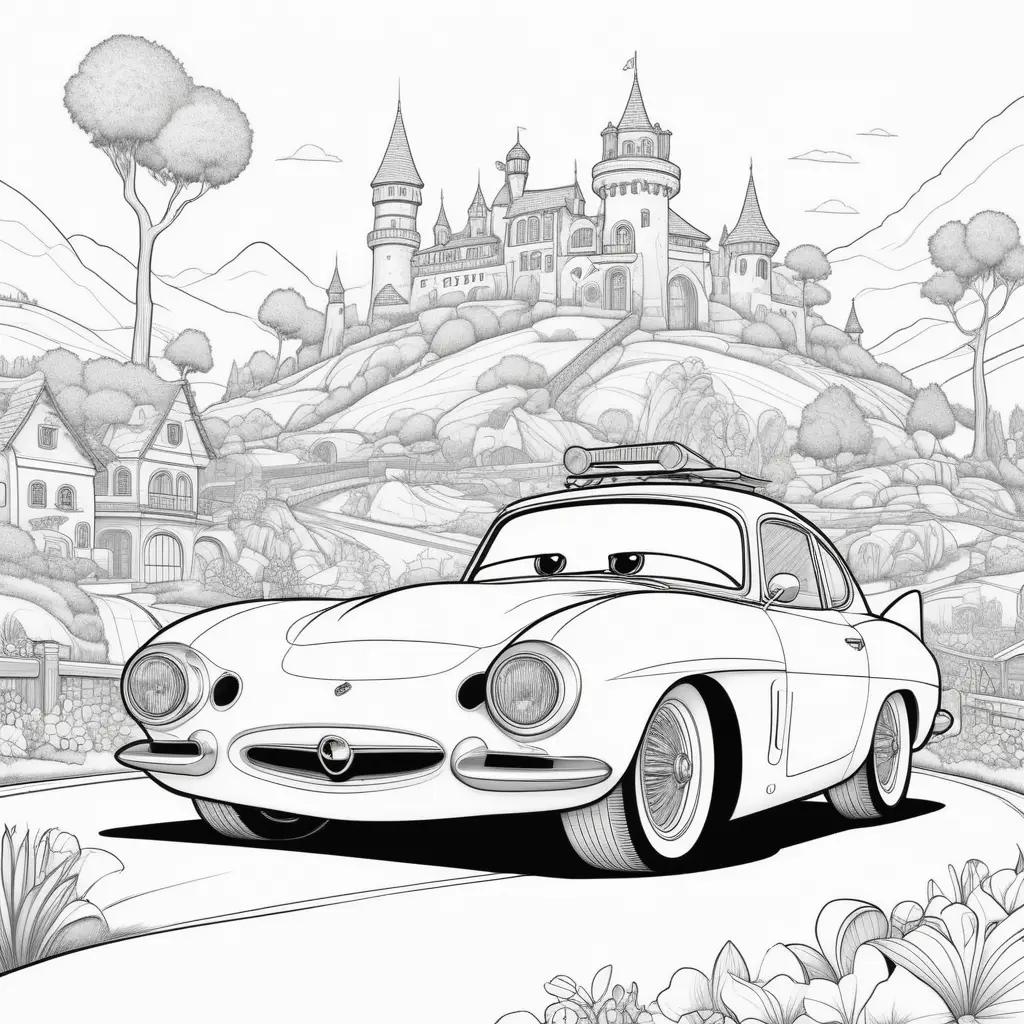 Cars movie coloring pages featuring a cartoon car and a castle