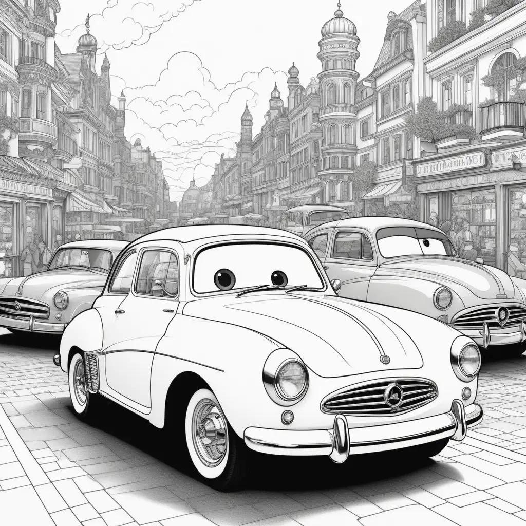 Cars movie coloring pages featuring cartoon cars in a town