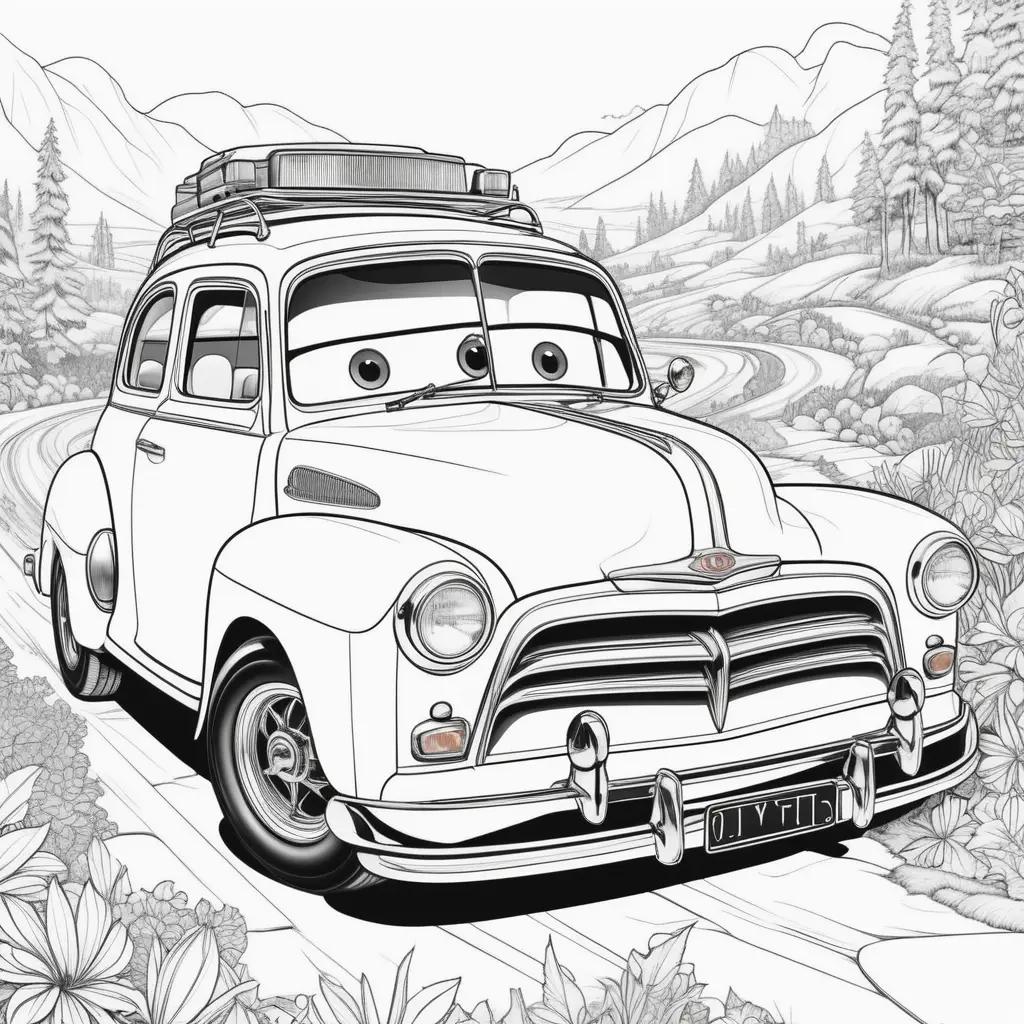 Cars movie coloring pages of a vintage car with a mountain background