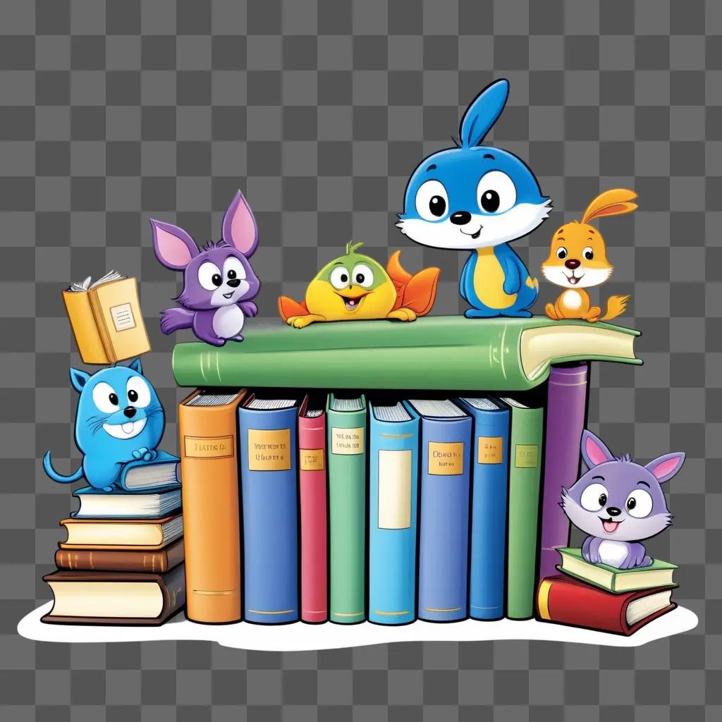 Cartoon book characters sit on a bookshelf