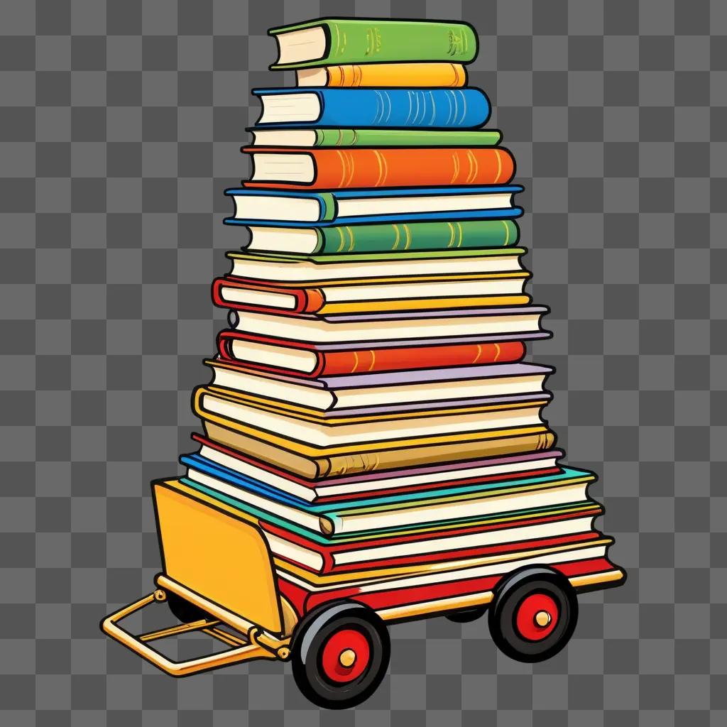 Cartoon book stack in cart on brown background