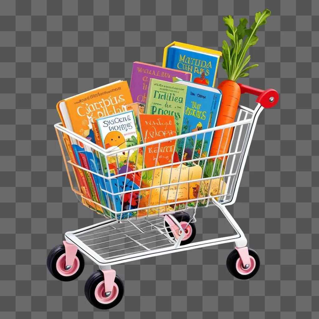 Cartoon books in a shopping cart with a carrot