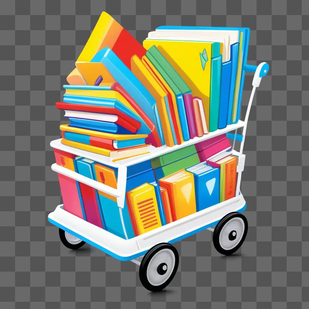 Cartoon books stacked in cart on a bright background