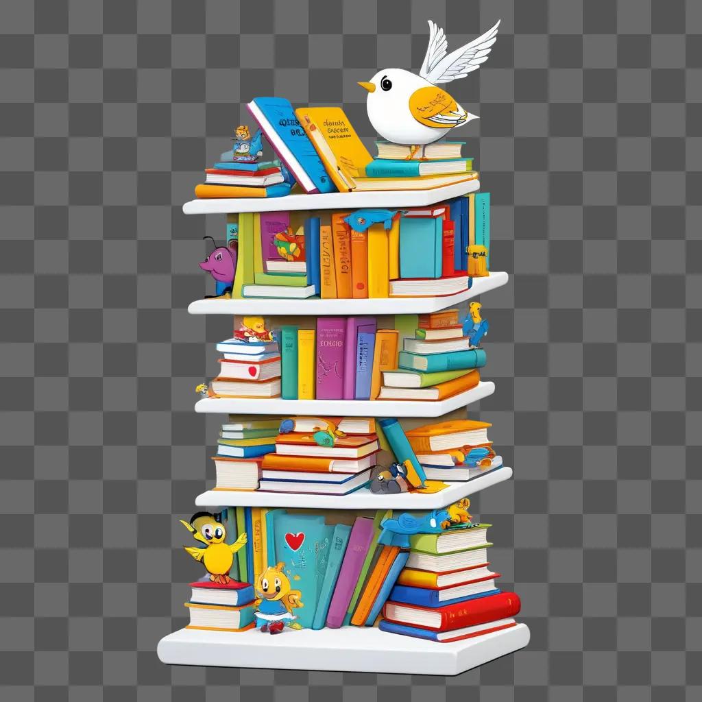 Cartoon books stacked on shelves with birds on top