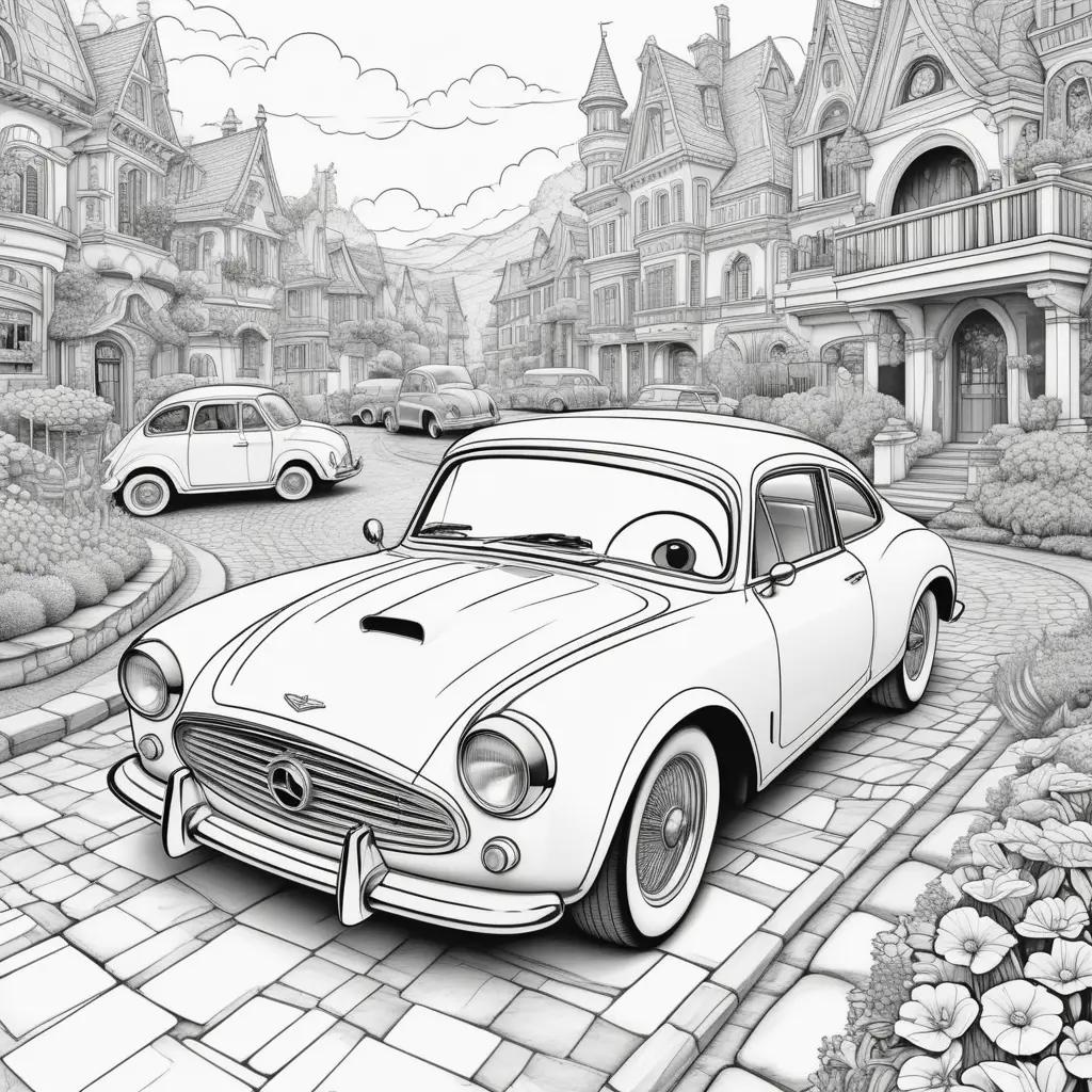 Cartoon cars drive through a quaint town in a coloring page