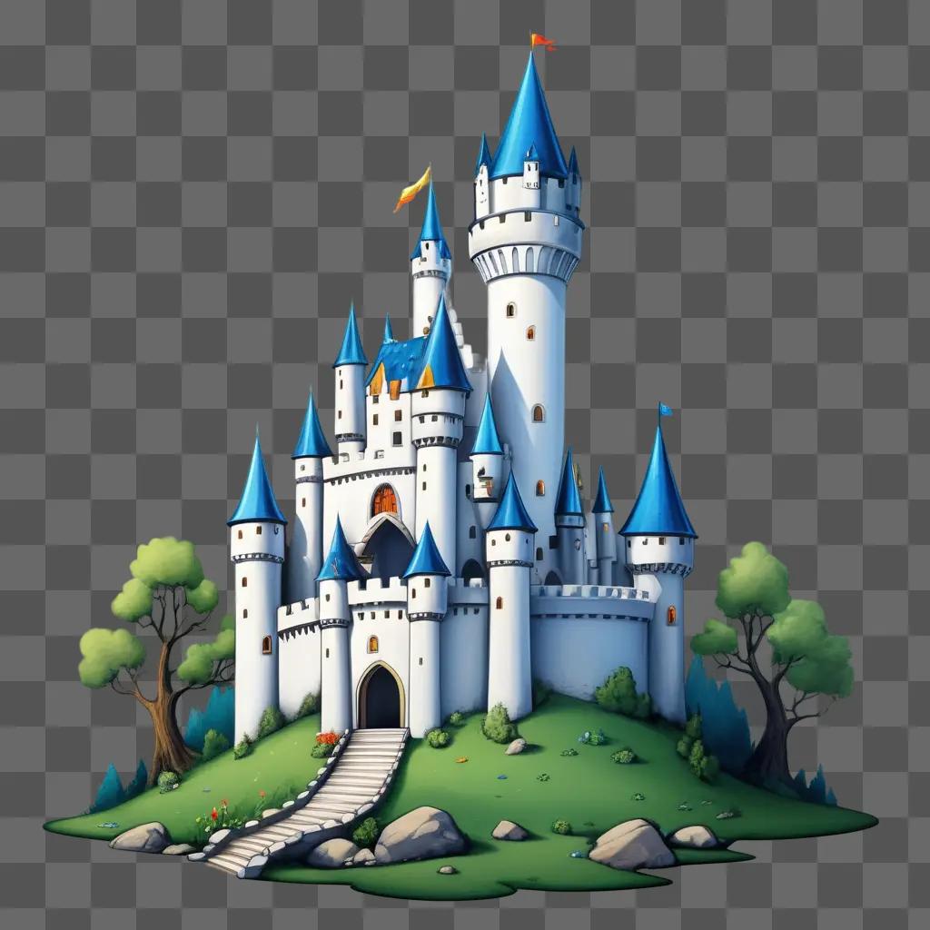 Cartoon drawing of a cartoon castle with a cartoon lion