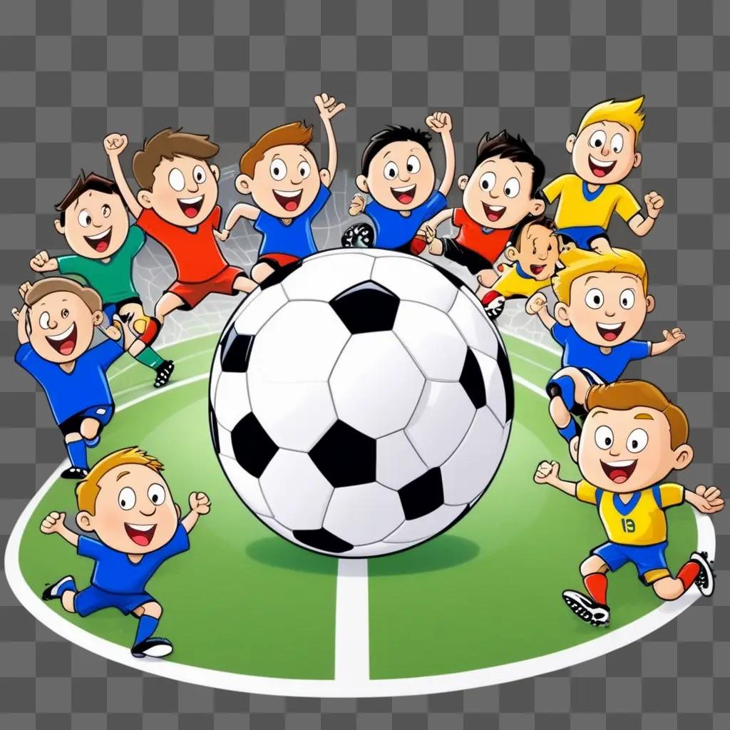 Cartoon drawing of children around a soccer ball