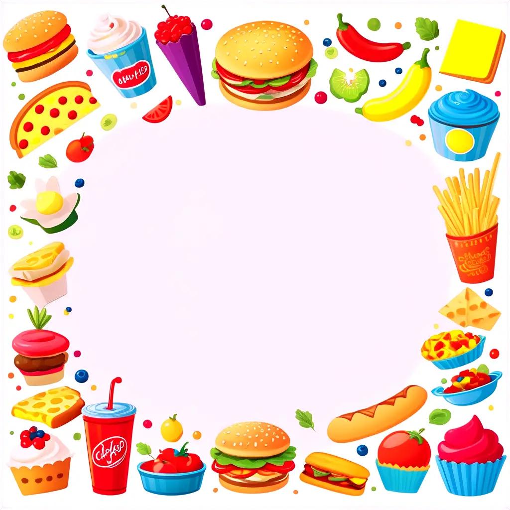 Cartoon food in a circle on a white background