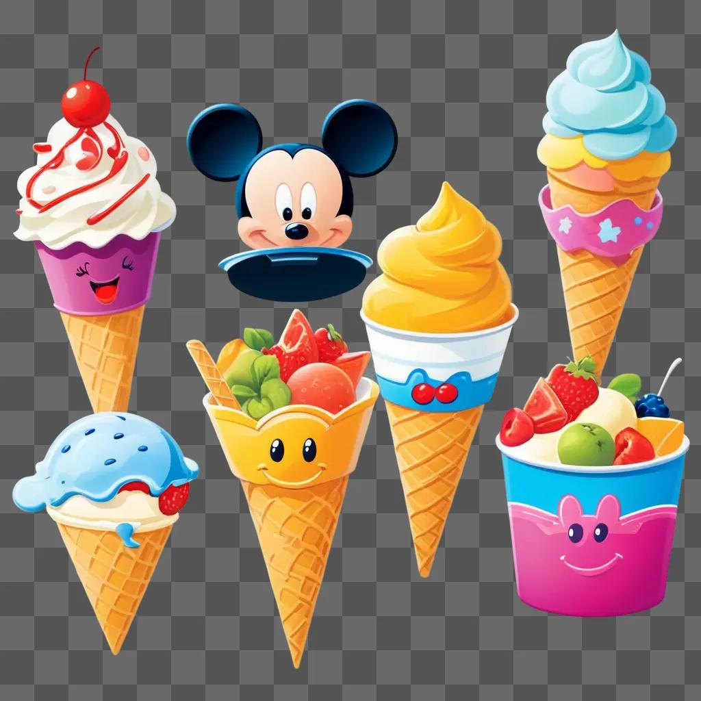 Cartoon food in cone shapes with different toppings