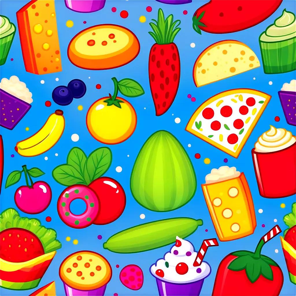 Cartoon food on a blue background