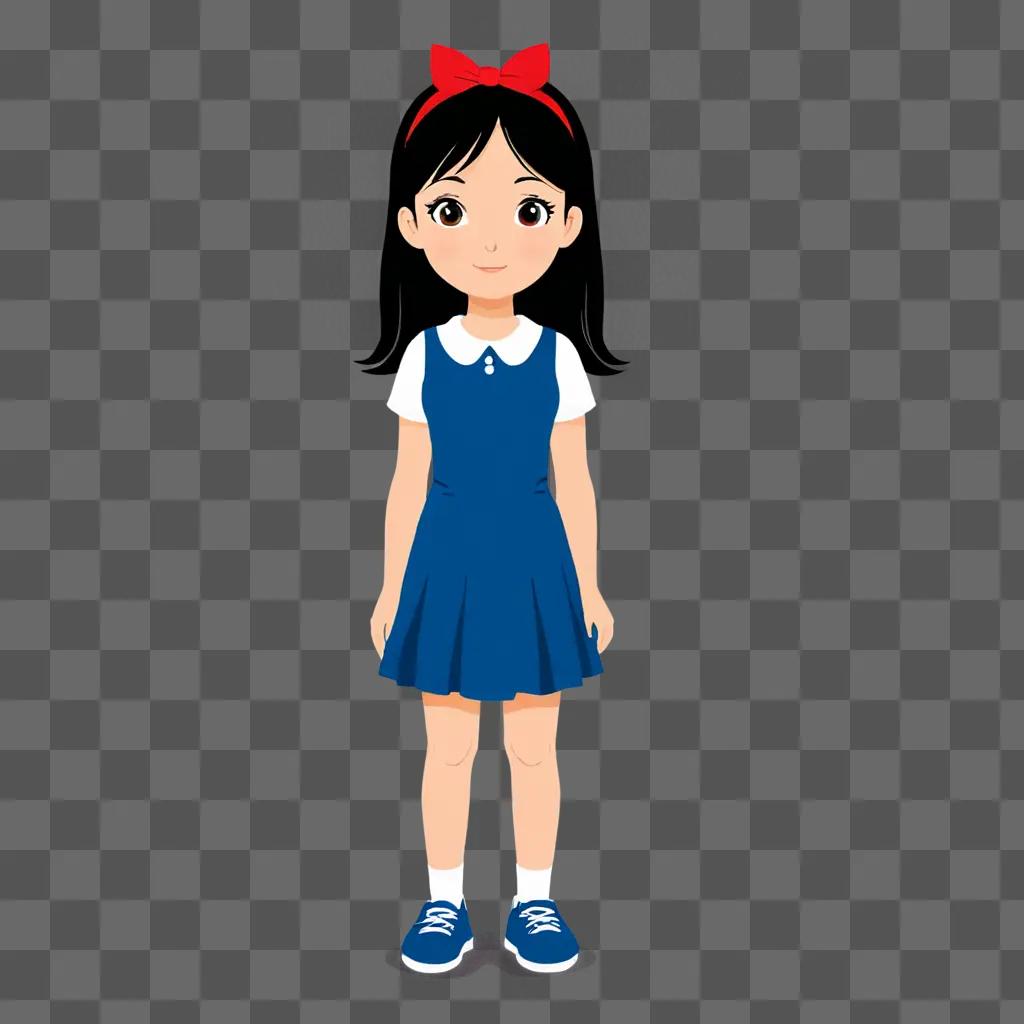 Cartoon girl duos in blue dress with red bow