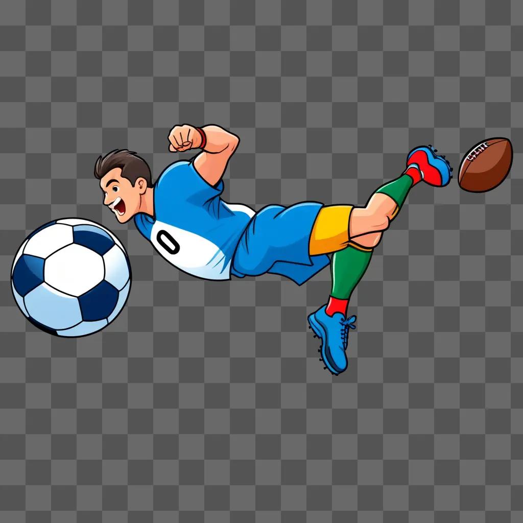 Cartoon man kicking football in cartoon drawing