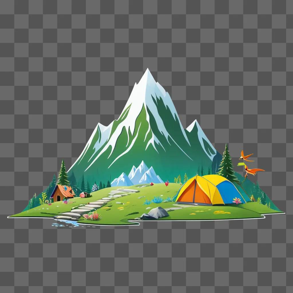 Cartoon mountain drawing with colorful tents and birds