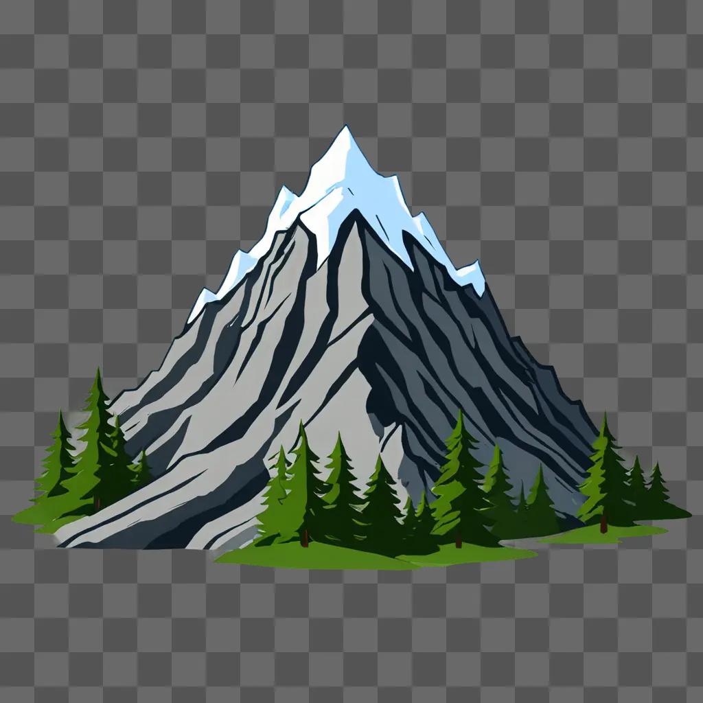 Cartoon mountain drawing with pine trees and light