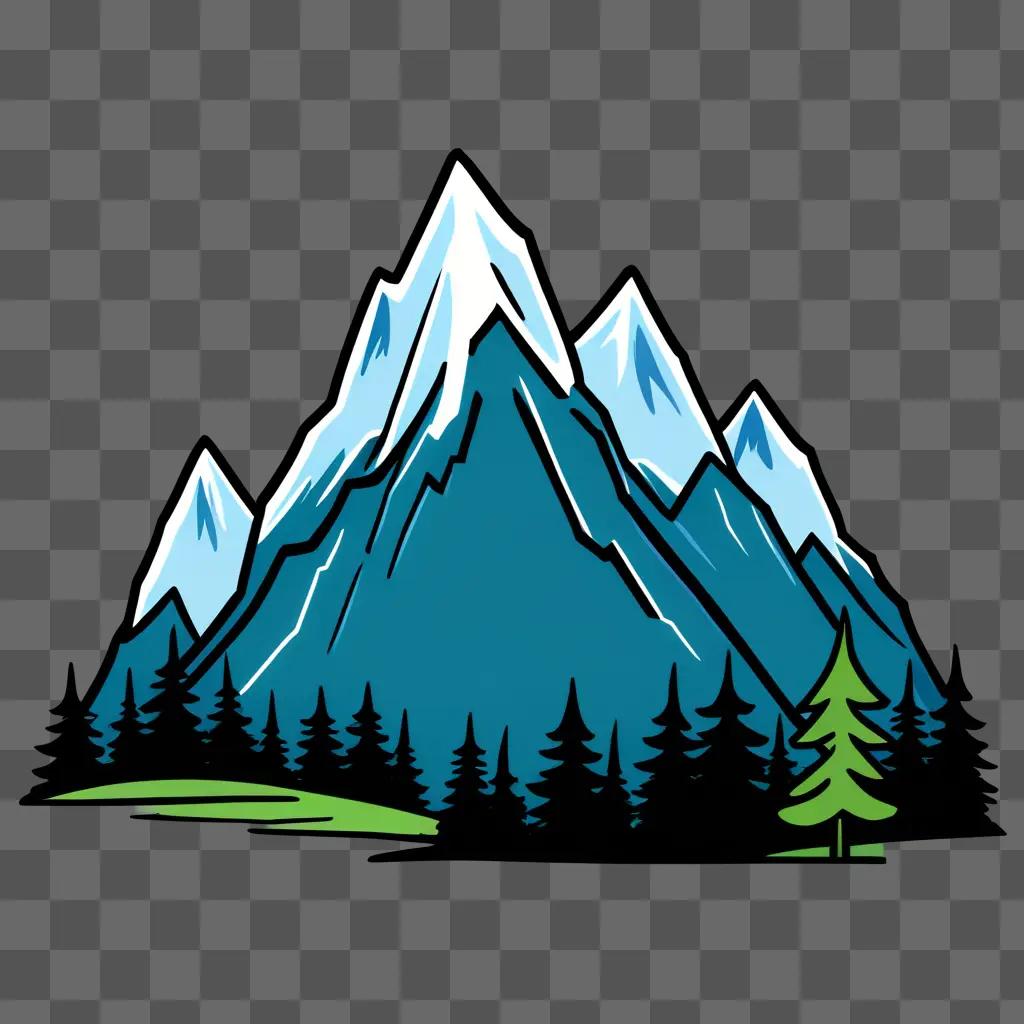 Cartoon mountain drawing with snowy peaks and trees