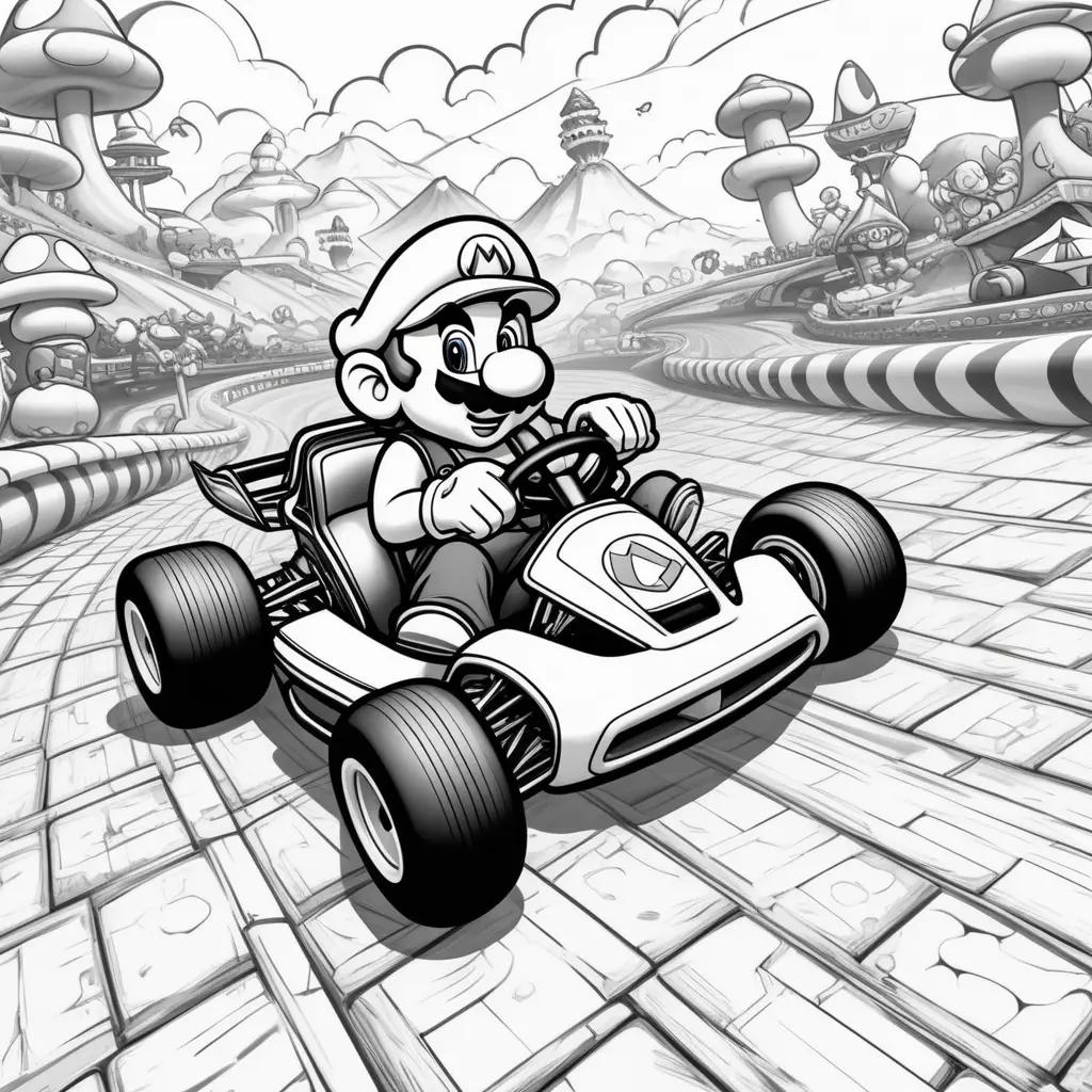 Cartoon of Mario Kart with black and white background