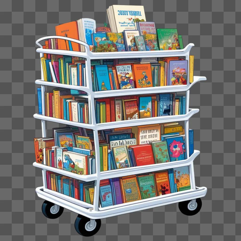 Cartoon of books on a cart with cartoon characters