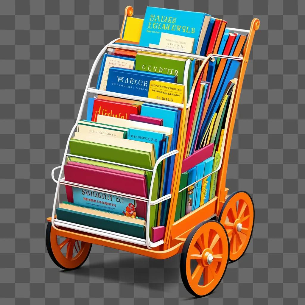 Cartoon of books stacked in a cart