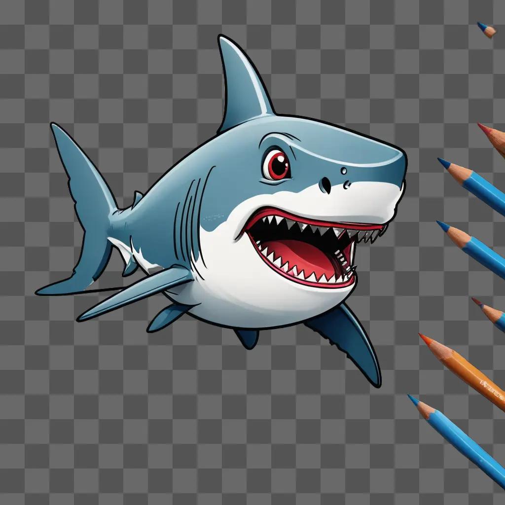 Cartoon shark drawing with multiple pencils in the background