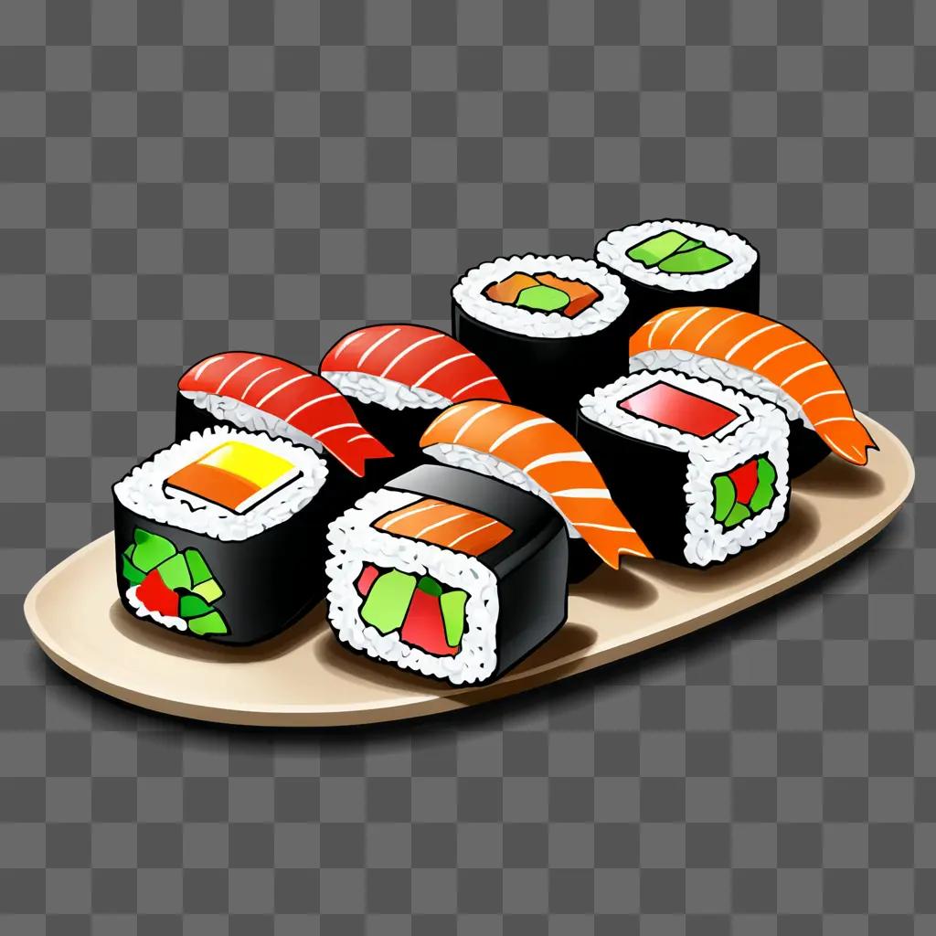 Cartoon sushi drawing on a wooden board