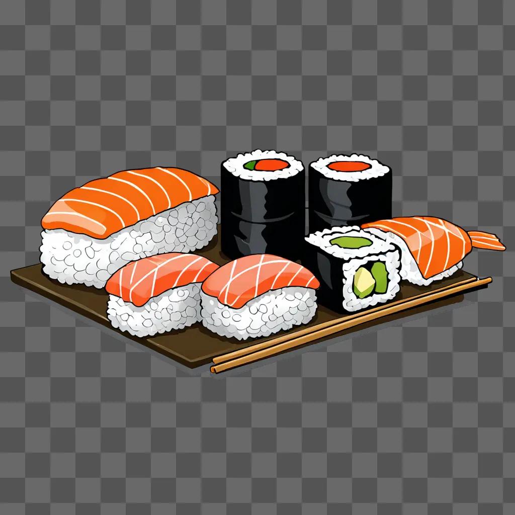 Cartoon sushi drawing with assorted sushi and chopsticks