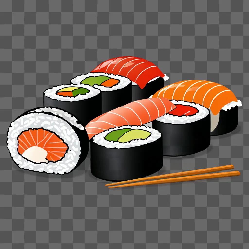 Cartoon sushi drawing with chopsticks and colorful fish