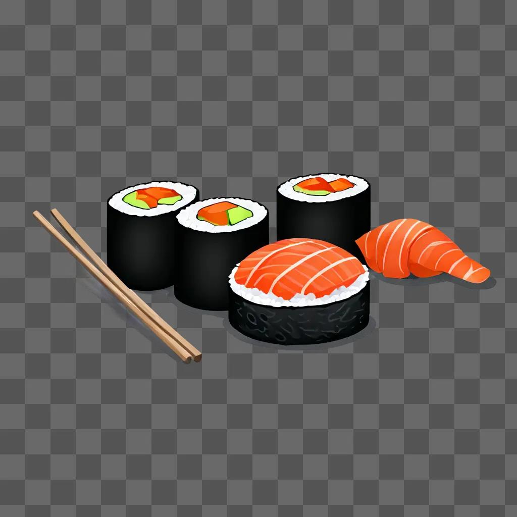 Cartoon sushi drawing with chopsticks and orange