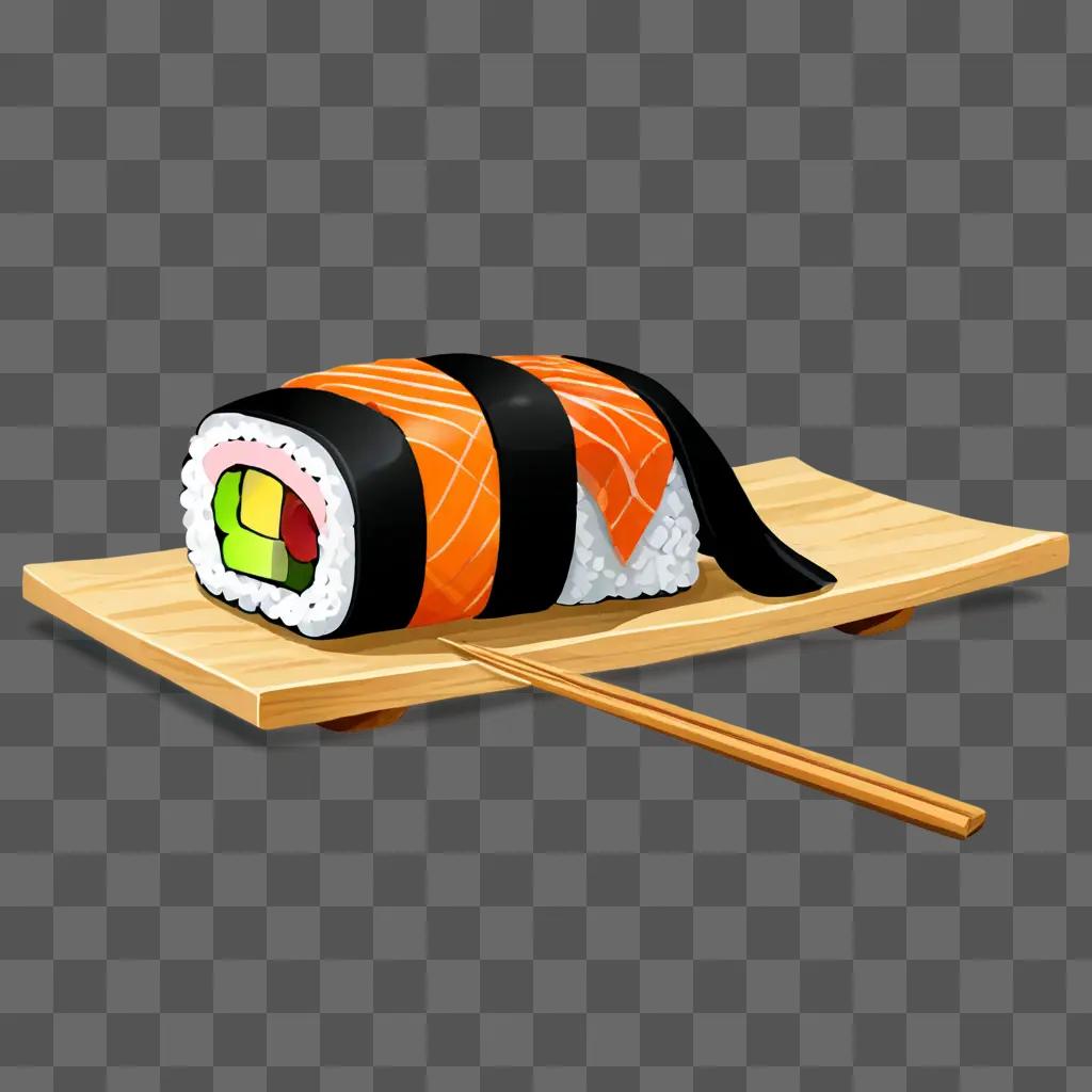 Cartoon sushi drawing with chopsticks on wooden board