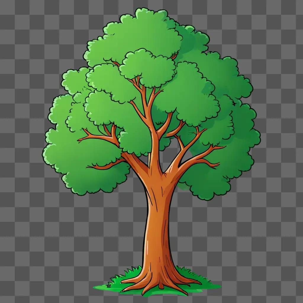 Cartoon tree drawing with leaves on a green background