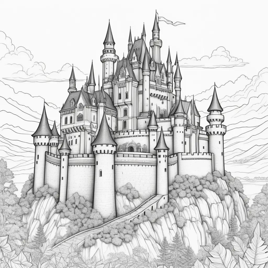 Castle coloring page with black and white drawing