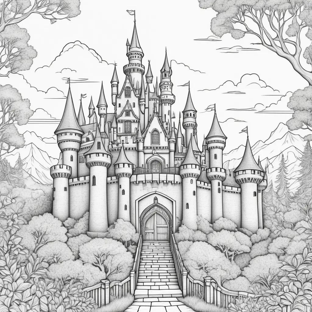 Castle coloring pages: a black and white drawing of a castle