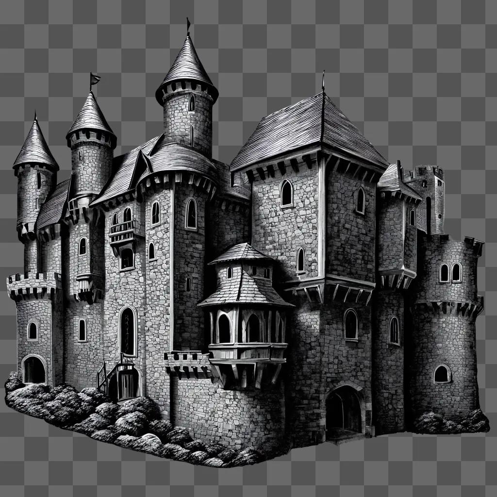 Castle drawing realistic with many towers and windows