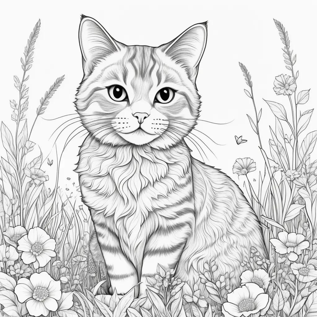 Cat Coloring Pages Printable: A Black and White Drawing of a Beautiful Cat in the Grass