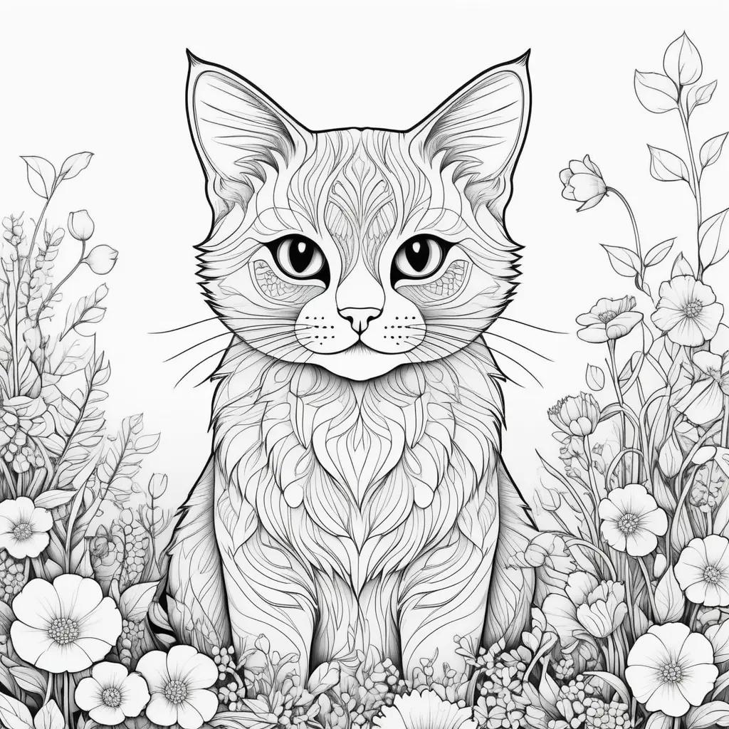 Cat Coloring Pages with Beautiful Flowers and Colors