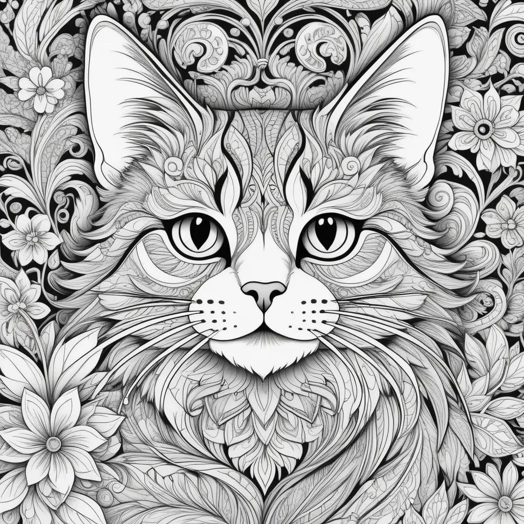 Cat color page featuring an artistic illustration of a cat with a floral background