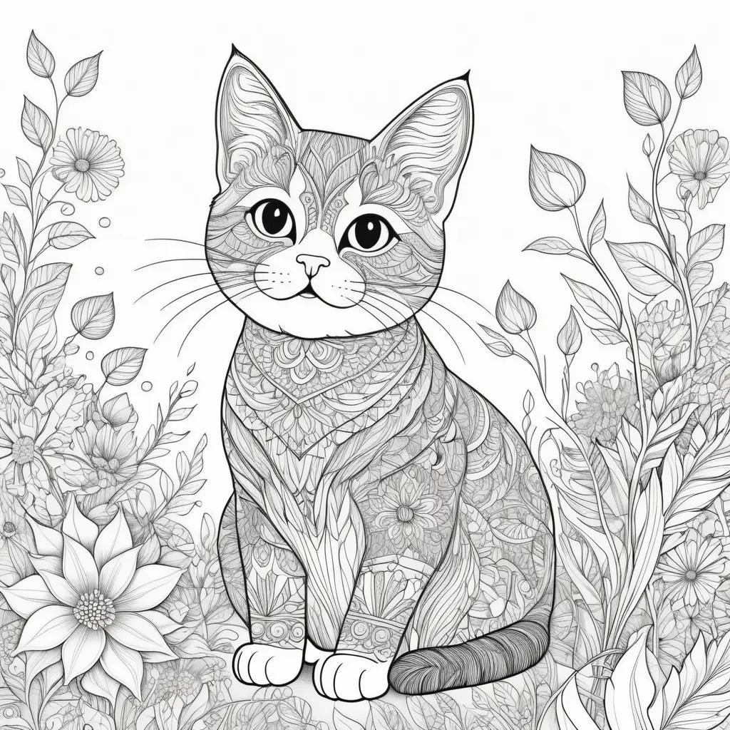 Cat coloring pages feature a black and white drawing of a cat sitting in a flower garden