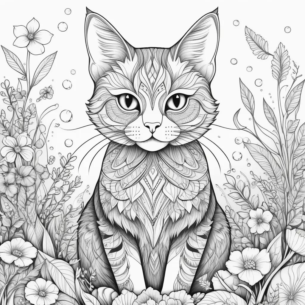 Cat coloring pages featuring flowers and bubbles for adults