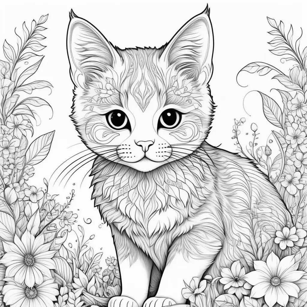 Cat coloring pages with flowers and leaves are printed