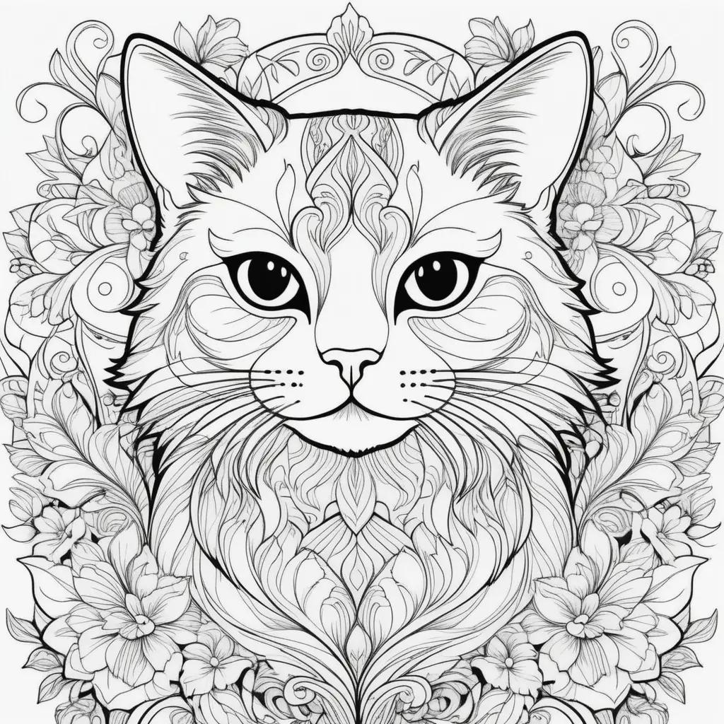 Cat coloring pages with intricate floral designs and detailed black outlines