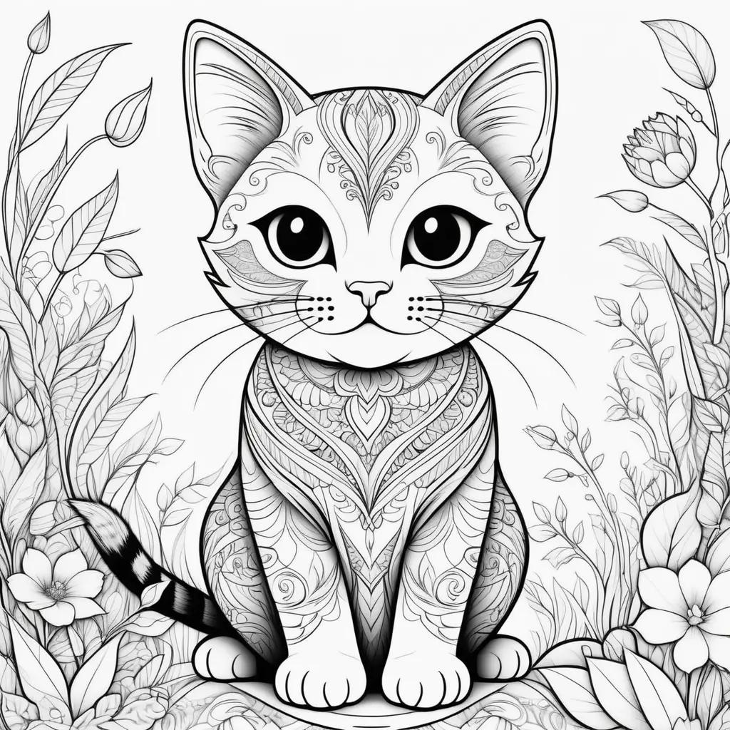 Cat coloring pages with intricate patterns and flower designs