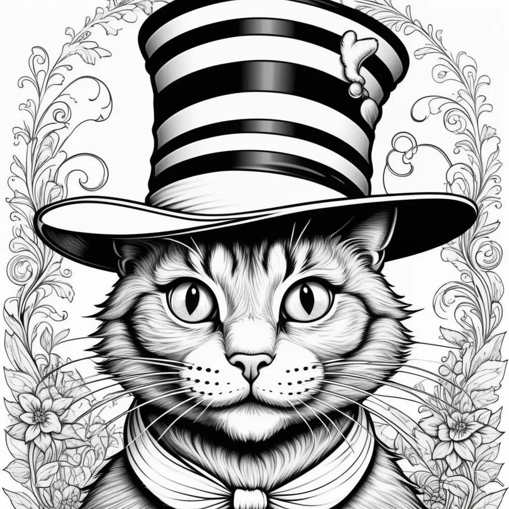 Cat in a hat coloring pages, black and white, with a floral frame