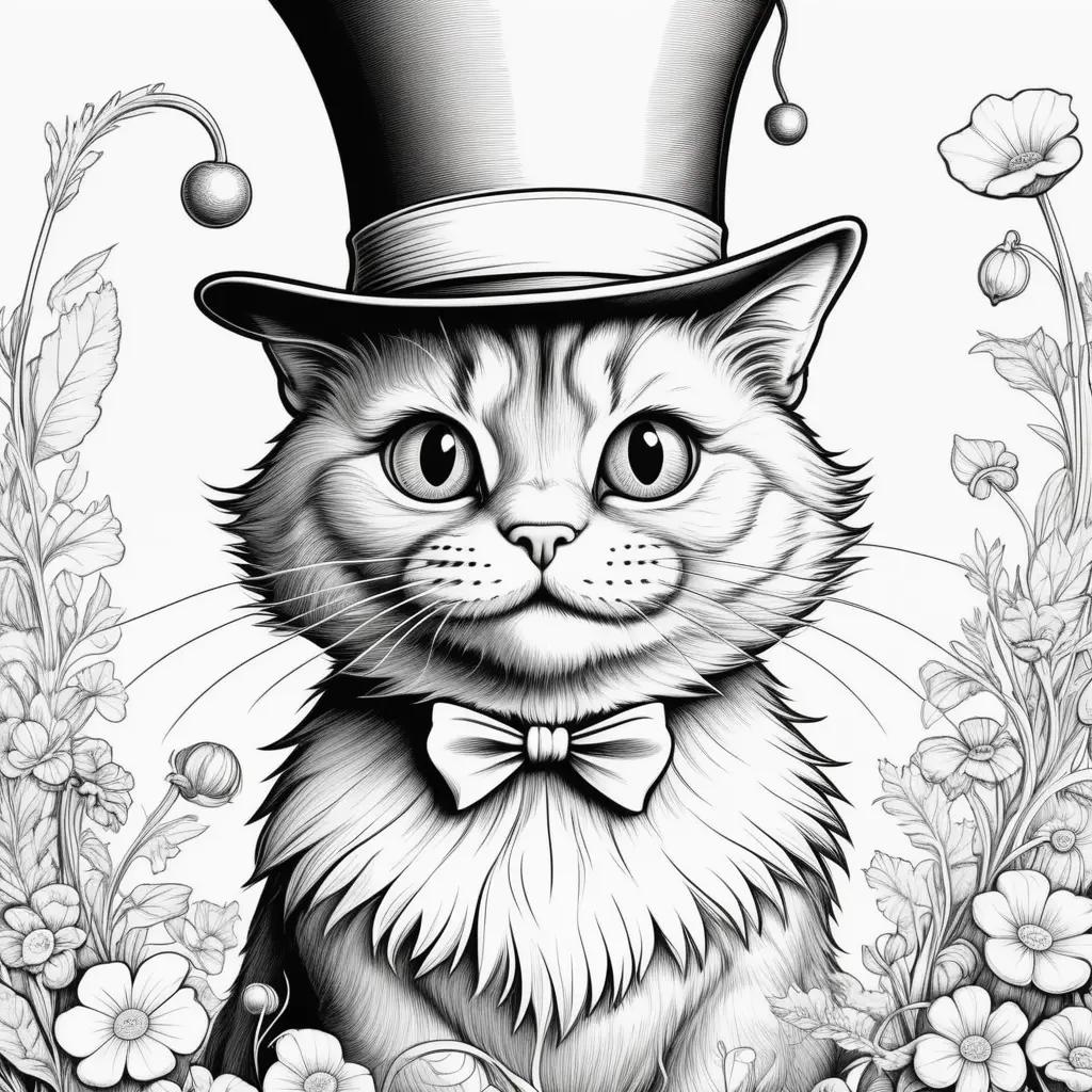 Cat in the hat coloring pages: adorable black and white drawing of a cat in a top hat